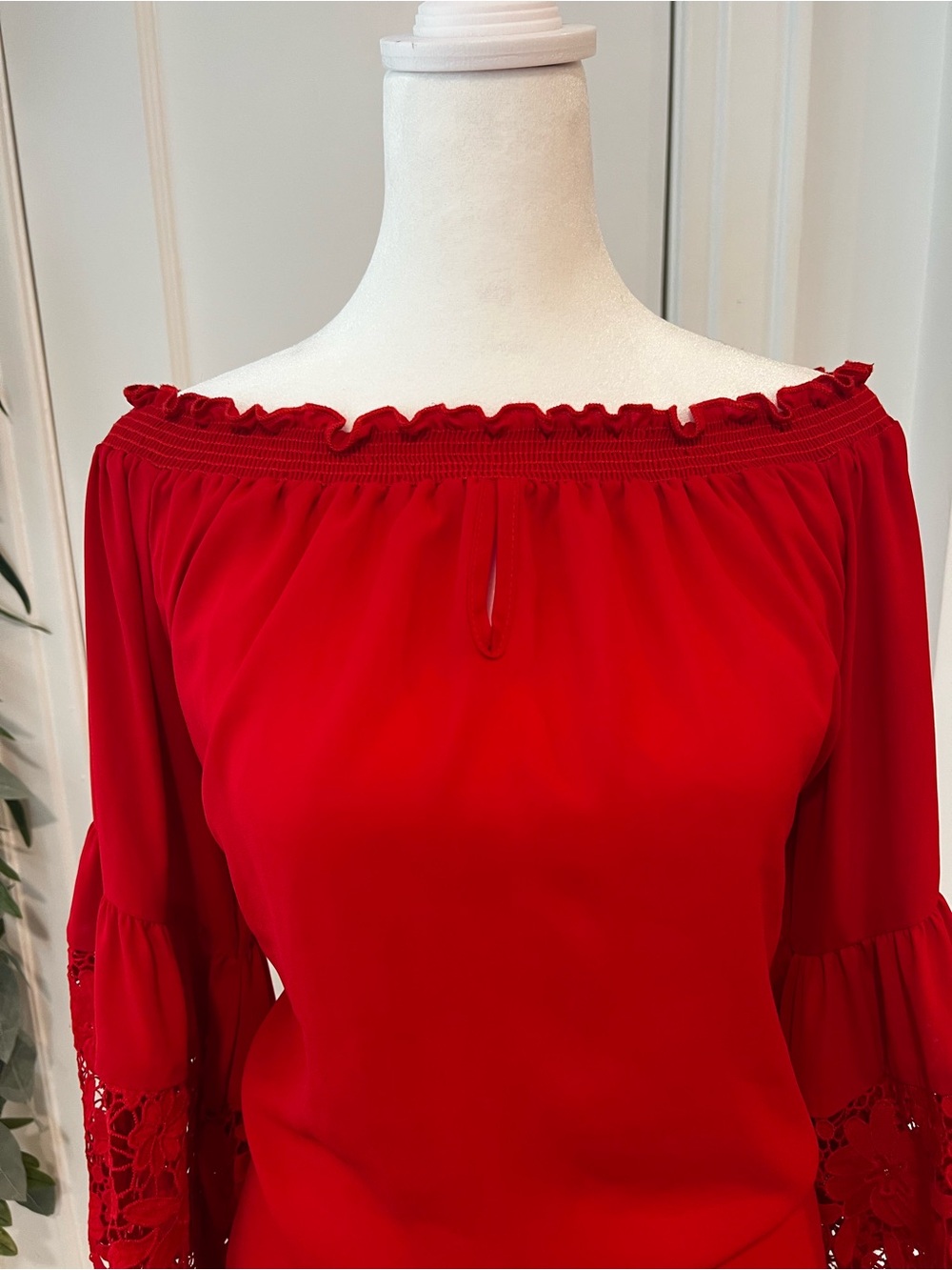 Joseph Ribkoff Red Off-Shoulder Lace Bell-Sleeve Blouse - Picture 2 of 9